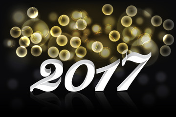Happy new year 2017 banner or background with gold bokeh effect and 3D white text  with reflection on black backdrop. Golden abstract rounded background with 2017 sign. 