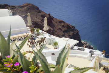 blue sea and white houses of idyllic Santorini island