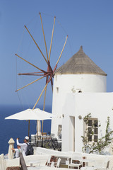 blue sea and white houses of idyllic Santorini island