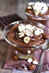 Chocolate huzelnut pudding with whipped cream.