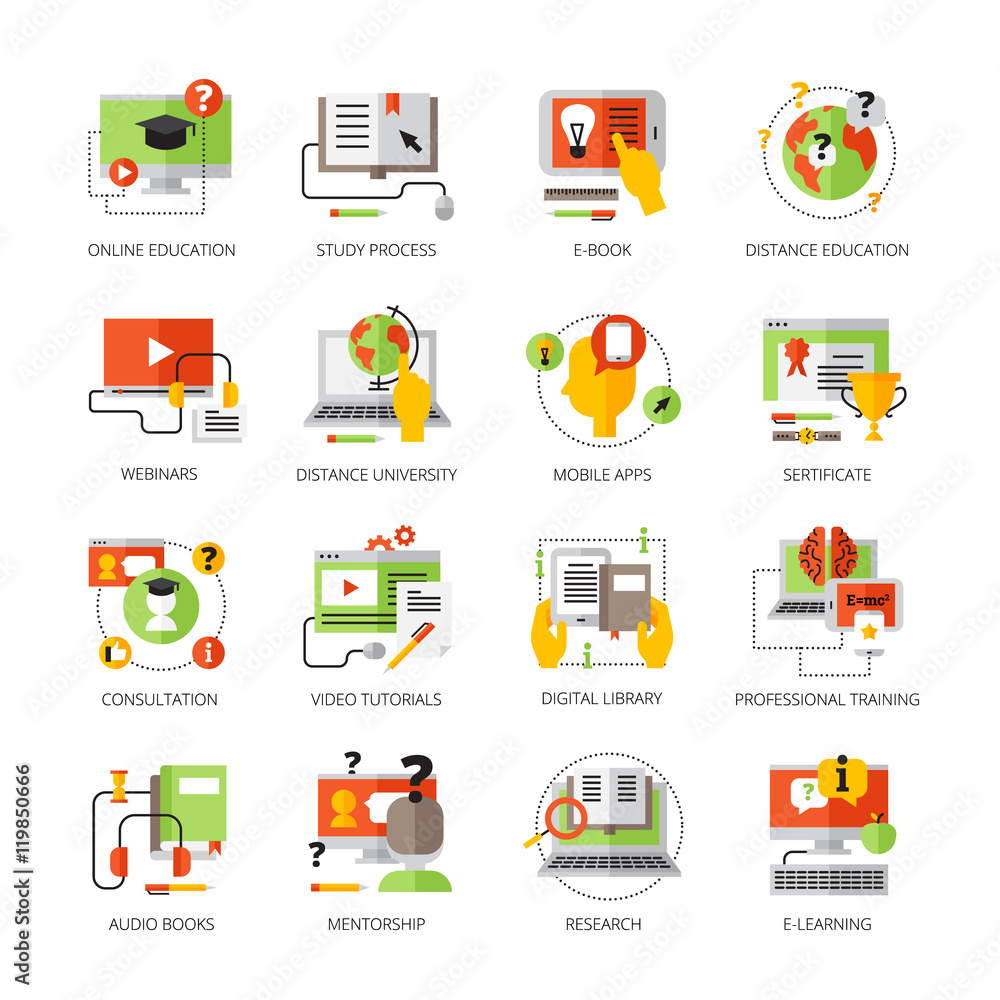 Poster Online Education Flat Color Pictograms Set