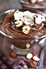 Chocolate huzelnut pudding with whipped cream.