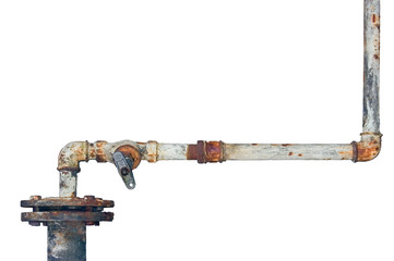 Old rusty pipes, aged weathered isolated grunge rust iron pipeline and plumbing connection joints, industrial tap fittings, faucets, valve, large detailed horizontal closeup - 119850875