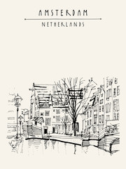 Amsterdam, Holland, Netherlands Europe. View of old center with bicycles. Dutch traditional historical buildings. Hand drawing. Travel sketch. Book illustration, postcard or poster