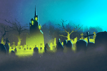 Fototapeta premium spooky castle,Halloween concept,cemetery at night,illustration painting