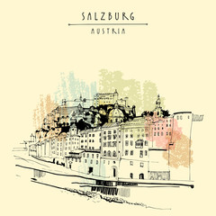 Salzburg skyline, Austria, Europe. Festung Hohensalzburg castle, church, houses,  Salzach river. Hand drawing. Travel sketch. Vintage touristic postcard, poster or book illustration