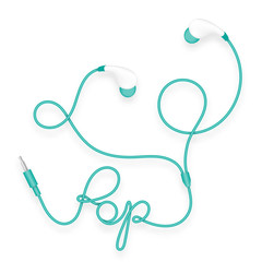 Earphones, In Ear type green color and pop text made from cable isolated on white background, with copy space