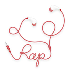 Earphones, In Ear type red color and rap text made from cable isolated on white background, with copy space