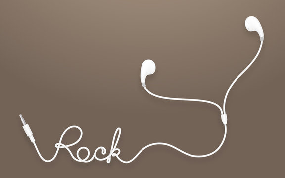 Earphones, Earbud type white color and rock text made from cable isolated on brown gradient background, with copy space