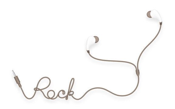 Earphones, In Ear type brown color and rock text made from cable isolated on white background, with copy space