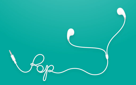 Earphones, Earbud type white color and pop text made from cable isolated on green gradient background, with copy space