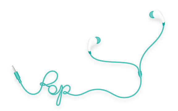 Earphones, In Ear type green color and pop text made from cable isolated on white background, with copy space