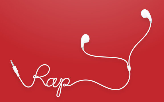 Earphones, Earbud type white color and rap text made from cable isolated on red gradient background, with copy space