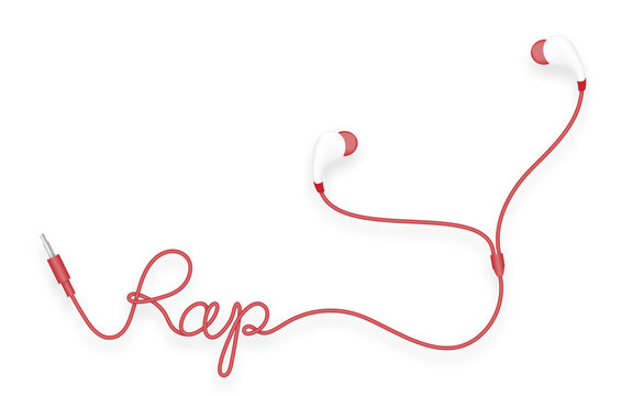 Earphones, In Ear type red color and rap text made from cable isolated on white background, with copy space