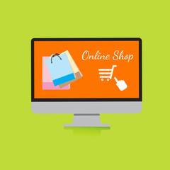 Flat design vector illustration concept for online ordering goods, e-commerce, laptop online shopping
