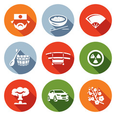 Vector Set of Japan Icons. Japanese, Food, Fan, Bath, Sword, Radiation, Explosion, Car, Sakura.