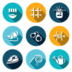 Vector Set of Interrogation Icons. Criminal, Prison, Electric chair, Lie detector, Arrest, Insulation, Appliance, Punishment, Shower.