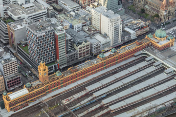 Melbourne, Australia - August 27, 2016: Aerial view of Flinders Street train station and office buildings in Melbourne CBD