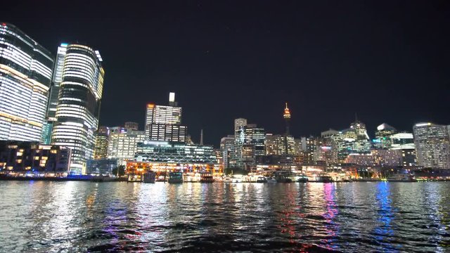 4k moving shot of Darling Harbour of Sydney at night