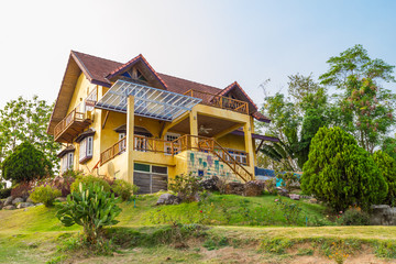 Yellow house and clear sky in Pai, Mae Hong Son, Thailand