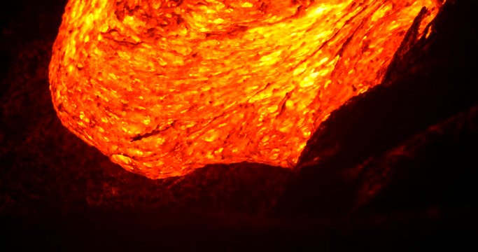 Close up Lava flowing from Kilauea volcano Hawaii at night. Lava stream flowing in real-time from Kilauea volcano around Hawaii volcanoes national park, USA.