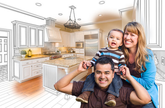 Young Mixed Race Family Over Kitchen Drawing with Photo Combination