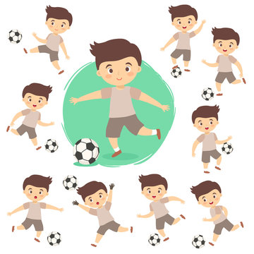Set of Boy Kid Playing Football Soccer Vector illustration