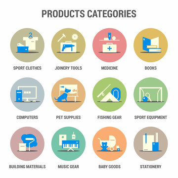Icons set of products categories. Flat. Colorized.