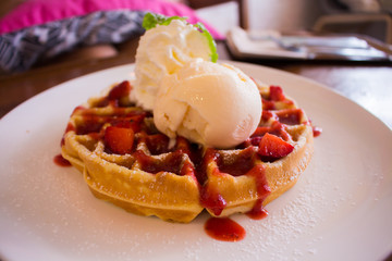 Sweet desert, Icecream and strawbwrry on waffle