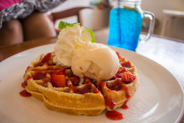 Sweet desert, Icecream and strawbwrry on waffle