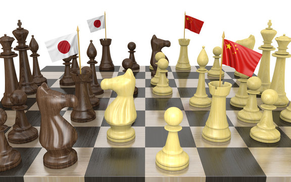Japan and China foreign policy strategy and power struggle, 3D rendering