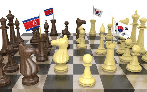 North Korea and South Korea foreign policy strategy and power struggle, 3D rendering