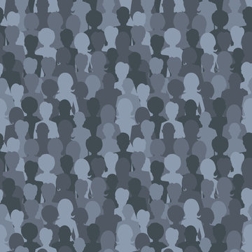 Many Dark Silhouettes, Crowd Of People Seamless Pattern