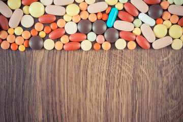 Vintage photo, Colorful medical pills and capsules, health care concept, copy space for text
