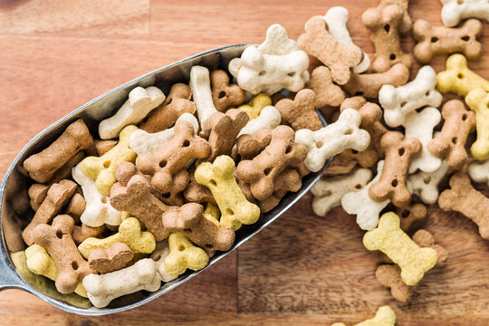 Dog food shaped like bones.