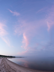 Fototapeta na wymiar Evening sunlight and spruce tree on the coast, pink clouds and blue sky background. Beach in summer. Seaside forest, natural environment. Shore and pine in Koipsi Island, Estonia, Europe