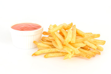 French fries with ketchup on white background.