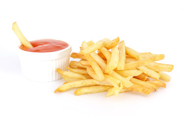 French fries with ketchup on white background.