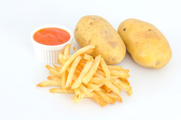 French fries with ketchup and potato on white background.
