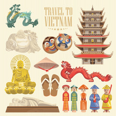 Travel to Vietnam. Set of traditional Vietnamese cultural symbols. Vietnamese landmarks and lifestyle of Vietnamese people