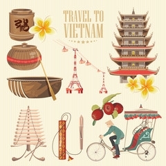 Travel to Vietnam. Set of traditional Vietnamese cultural symbols. Vietnamese landmarks and lifestyle of Vietnamese people