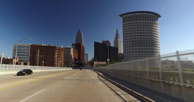CLEVELAND - Circa September, 2016 - A driver's perspective on the Detroit-Superior Bridge over the Cuyahoga River in downtown Cleveland, Ohio. Part 2 of 2.  	