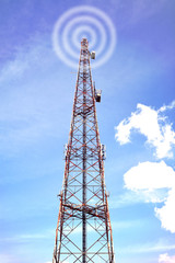 Telecommunication tower; wi fi signal visualisation. Radio mast cellular network transmitter or...