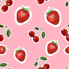 Pattern of realistic image of delicious strawberries and cherry different sizes. Pink background