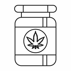 Bottle with medical marijuana icon in outline style isolated on white background. Vector illustration