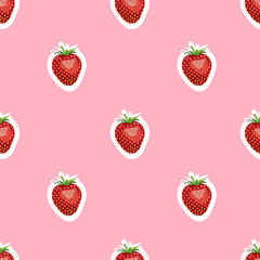 Pattern of realistic image of delicious ripe strawberries same sizes. Pink background
