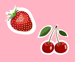 Set of vector colorful fruits stickers on pink.