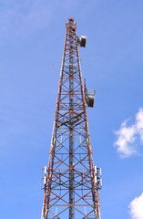 Fototapeta na wymiar Mobile phone tower. Mobile phone network. Cell site or cell tower, cellular telephone site, electronic communications equipment, radio mast, cellular network digital signal processors.