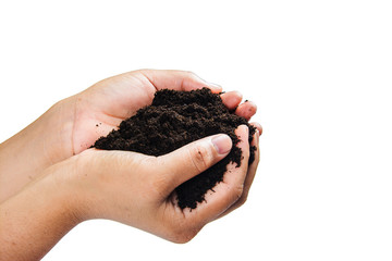  soil  in hands on white background.