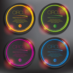 Abstract vector banner set of 4. Paper round notes with circular design. Colorful and glossy on the black panel. Vector illustration. Eps10.